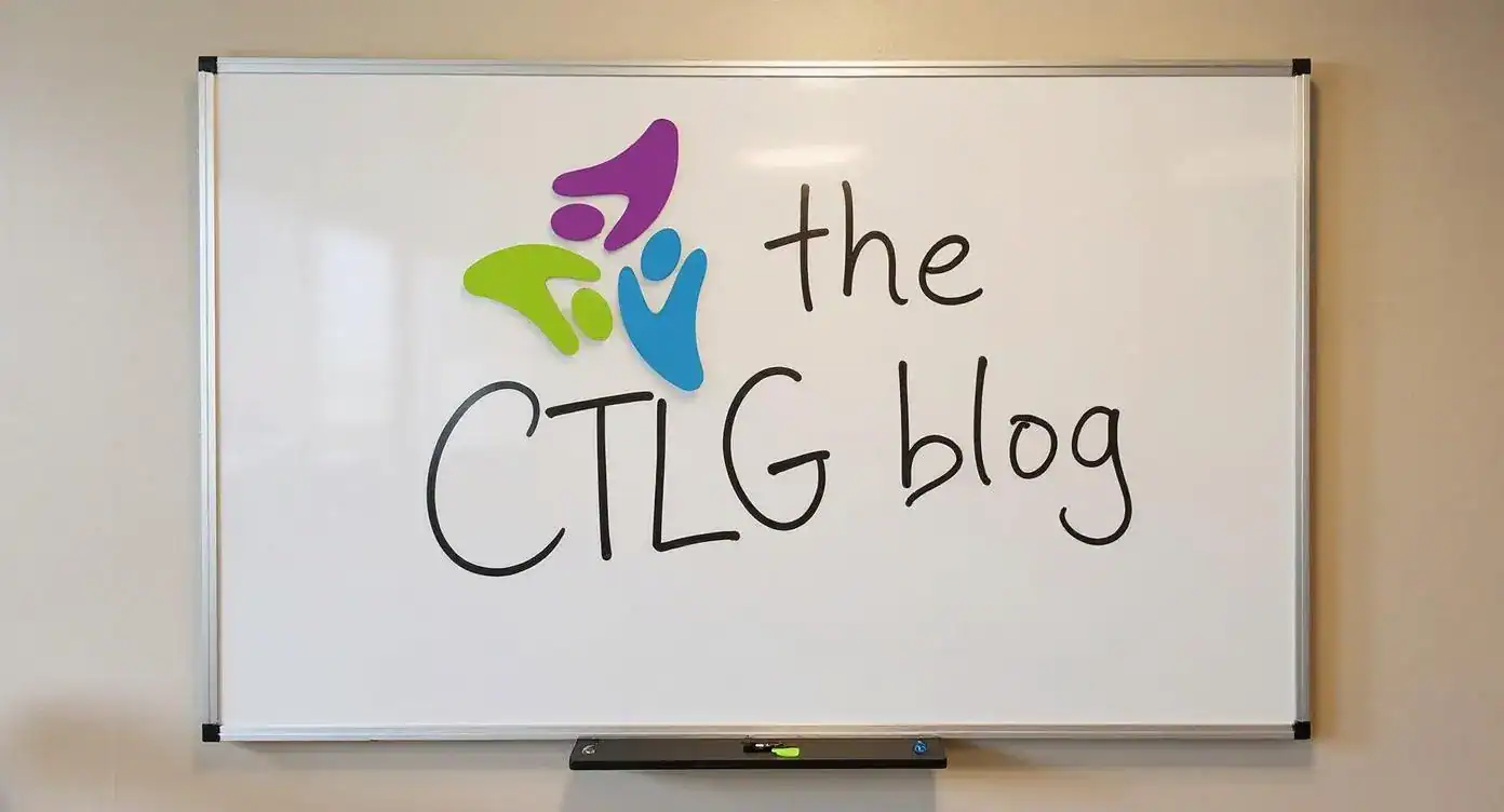 Colorful logo and text on whiteboard for The CTLG Blog, emphasizing digital marketing and consulting expertise.