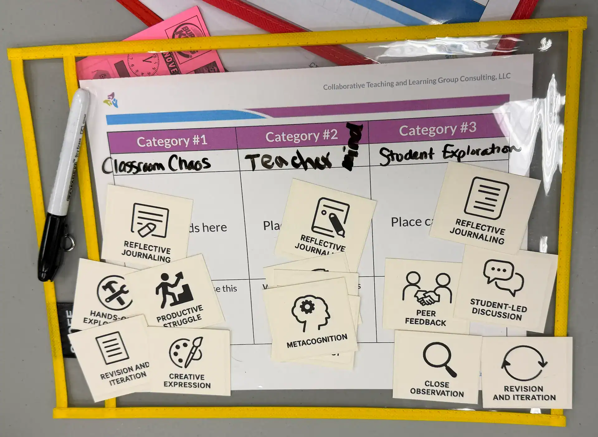 Reflective journaling and discussion cards for collaborative teaching strategies in education.